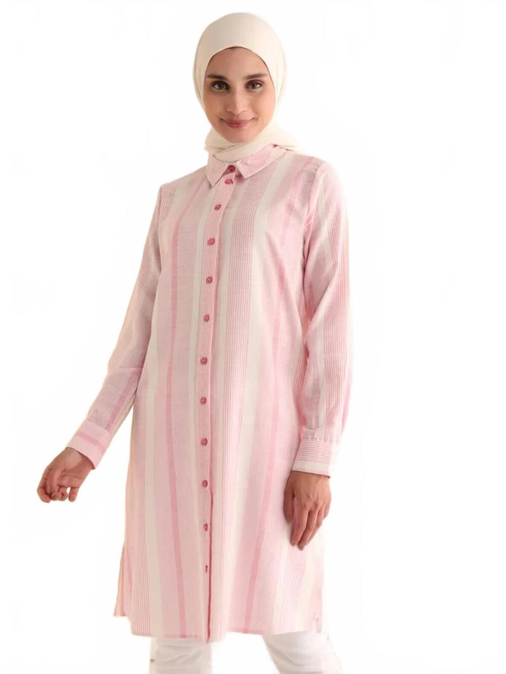 Pink Striped Button-Front Long Tunic Shirt, Size - 6